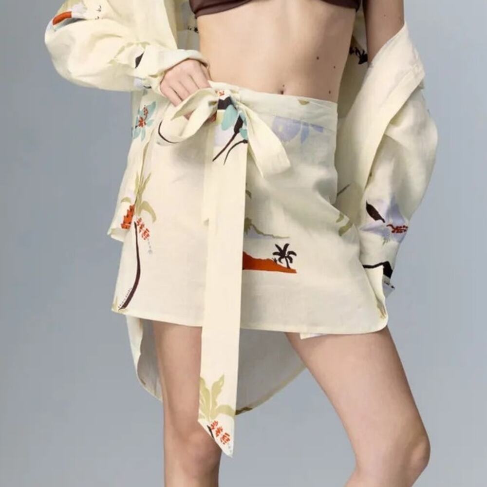 Soleil Zuri Skirt Abstract Print Flax Linen Straight Fit Mini Wrap Off White 2